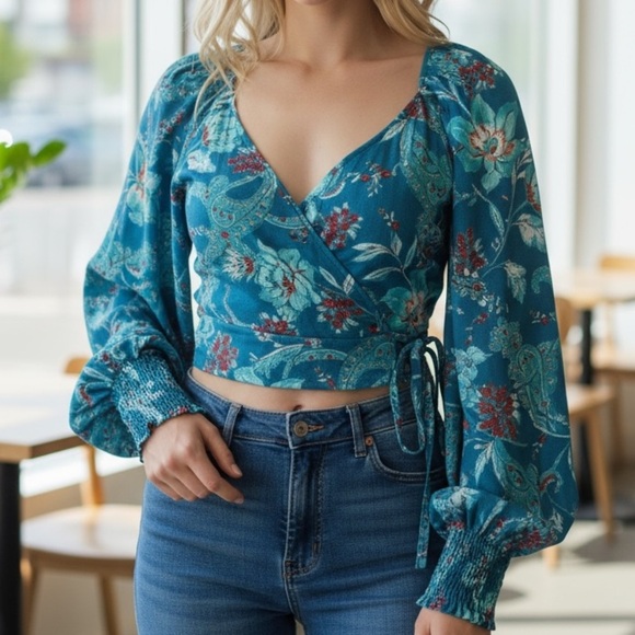Floral Print V-Neck Long Sleeve Wrap Blouse Size M Blue & Teal - Picture 1 of 8